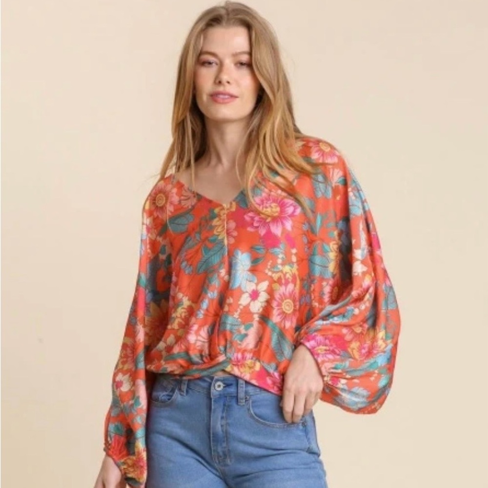 Umgee Floral V-Neck Blouse - Orange and Blue